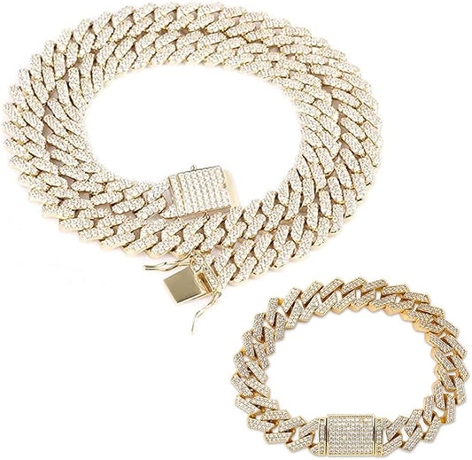 EMESLY Miami Cuban Link Chain 14K Gold Plated Necklace (16, 18, 20, 22, 24, 30 Inches Length); Hip Hop Bracelet (8" Length) for Men & Women; Perfect Iced Out Bling Jewelry Gift