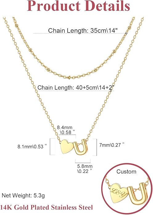 FOCALOOK Layered Initial Necklace for Women, 14K Gold Plated Choker Necklaces Stacks with Initial A-Z, Dainty Silver Heart Pendant Necklace Personalized Birthday Women Jewelry