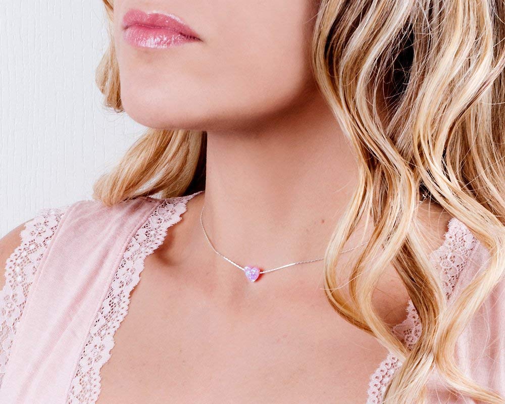 Pink Opal Heart On Thin Sterling Silver 925 Choker Necklace - Handmade Minimal Necklace For Women- Length: 13.5 inch + 3 inch Extender (sterling silver, pink)