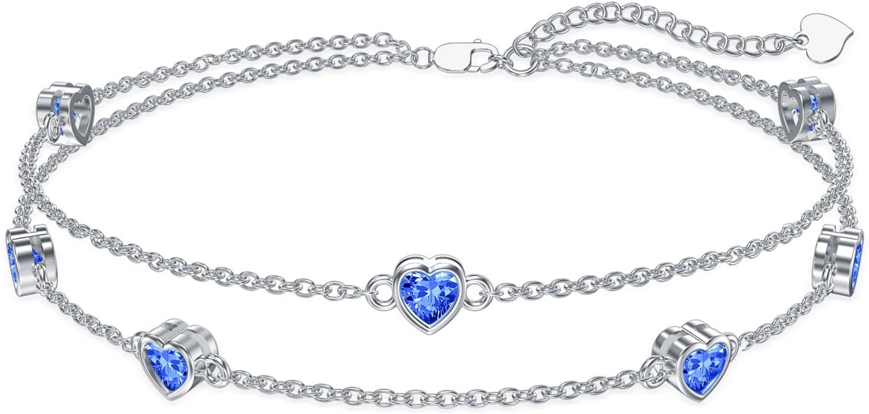 Dorunmo Heart Birthstone Anklet Bracelets for Women 925 Sterling Silver Birthday Jewelry Best Mother's Day for Women Wife