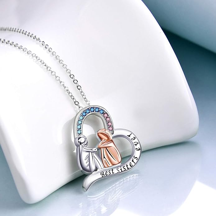 AOBOCO Gifts for Sister 2 3 Sisters Necklace for Women Sterling Silver Sister Crystal Pendant Jewelry Birthday Christmas Gifts for Friend Female Friendship Lasts Forever