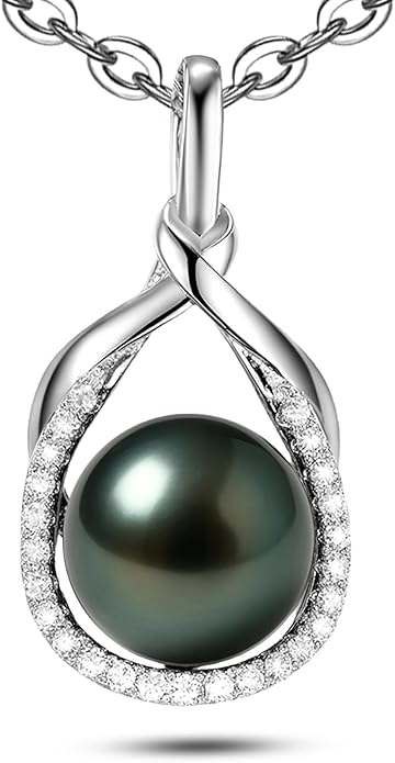 Genuine Tahitian Black Pearl Necklace for Women, 9-11mm AAAA Seawater Pearl with Sterling Silver Moissanite Pendant, Jewelry Gift for Wife, Mom, Girlfriend, Wedding Anniversary, Birthday, Christmas