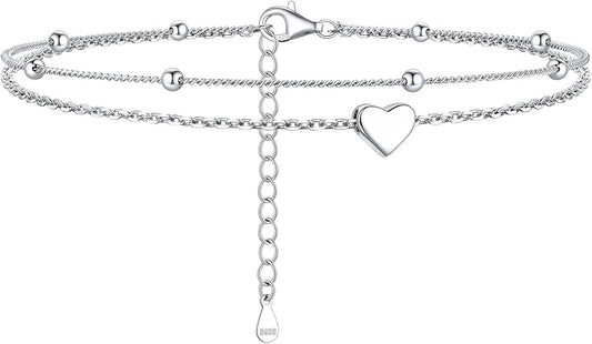 ChicSilver Sterling Silver Anklets for Women 925 Ankle Bracelets for Women Layered Heart Anklet With Beaded Anklets for Women
