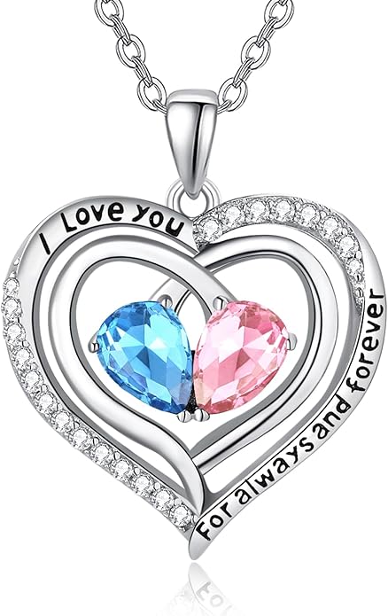 Zeuslia Double Birthstone Necklace Gifts for Wife - 925 Sterling Silver Sunflower/Rose/Crown Cross/Compass/Heart Pendant I Love You Necklace, Anniversary Birthday Gifts for Wife Girlfriend Mom Her