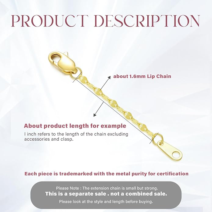 14k Gold Necklace & Bracelet Extender Chain, 1"/1.5"/2"/3"/4"/5" Durable Removable Gold Extension Chain