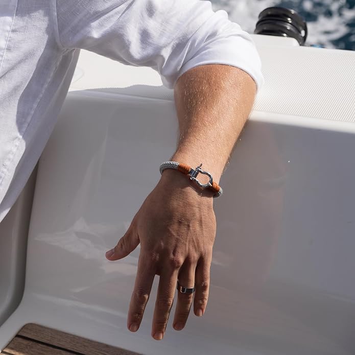 Elegatto Orion Premium Rope Bracelet for Men | Natural Cotton Finish and Sterling Silver Polished Stainless Steel Horseshoe Shackle Closure | Men’s Designer Bracelets