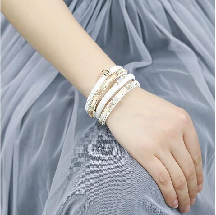 Fesciory Leather Wrap Bracelets for Women, Boho Leopard Multi-Layer Crystal Beads Cuff Bracelet Jewelry