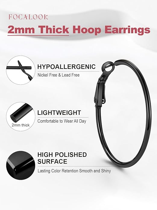 FOCALOOK 14K Gold Plated Lightweight Large Hoops| 2mm Thin Hoop Earrings for Women 30/40/50/70/100mm