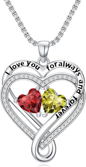 I Love You for Awlays and Forever Double Heart Necklace with Birthstone, 2 Birth Stone Jewelry Anniversary Valentines Mothers Day Christmas Birthday Gifts for Women Her Wife Girlfriend Mom Mother
