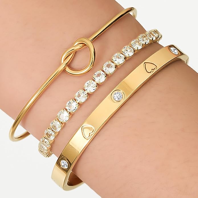 FAFUGA 18 K Gold Plated Love Bangle Bracelet Stack Cuff Jewelry for Women Jewelry Set for Women Gift with Box