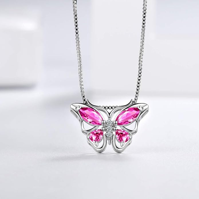 Aurora Tears Butterfly Birthstone Pendant Necklace - Women 925 Sterling Silver Butterflies Birthstone Pendant Necklace Jewelry Birthday Gift for Women
