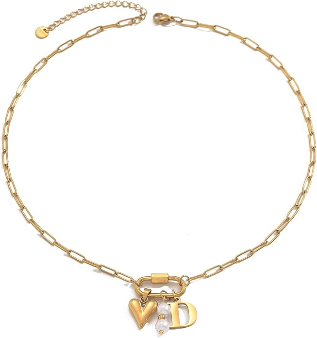 Gold Heart Initial Necklaces for Women 18K Gold Plated Dainty Pearl Letter Necklace Personalized Monogram Name A-Z Pendant Everyday Jewelry for Women