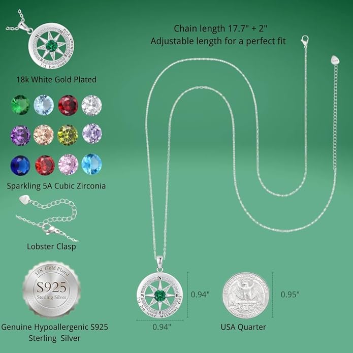 Compass Necklace for Women Wife Girlfriend Mom Daughter Gifts S925 Silver Jewelry For Anniversary Rose Gold Gifts For Birthday Christmas Mothers Valentines Day 12 Birthstones