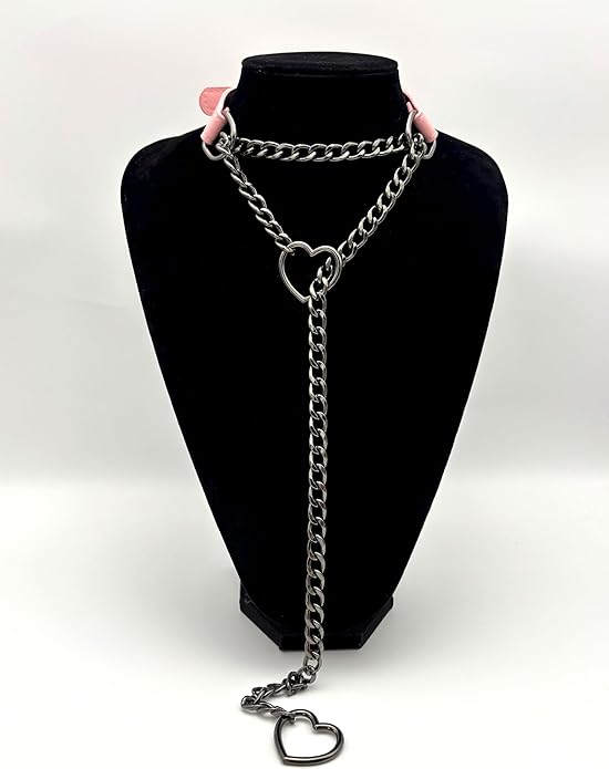 Black Leather Choker Collar For Women, Handmade Heart Slip Chain Choker Long Necklace with Adjustable Buckle