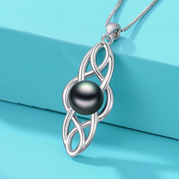 KANNSOAR Tahitian Black Pearl AAAA 18K White Gold Plated Sterling Silver Celtic Knot Pendant Necklace for Women Wife Mom Girlfriend Valentine Her Jewelry Gift for Anniversary Birthday