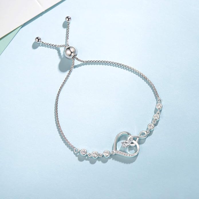 AGVANA Heart Birthstone Bracelets for Women Sterling Silver Genuine or Created Gemstone Tennis Bracelet Infinity Love Jewelry Anniversary Birthday Gifts for Wife Mom Women