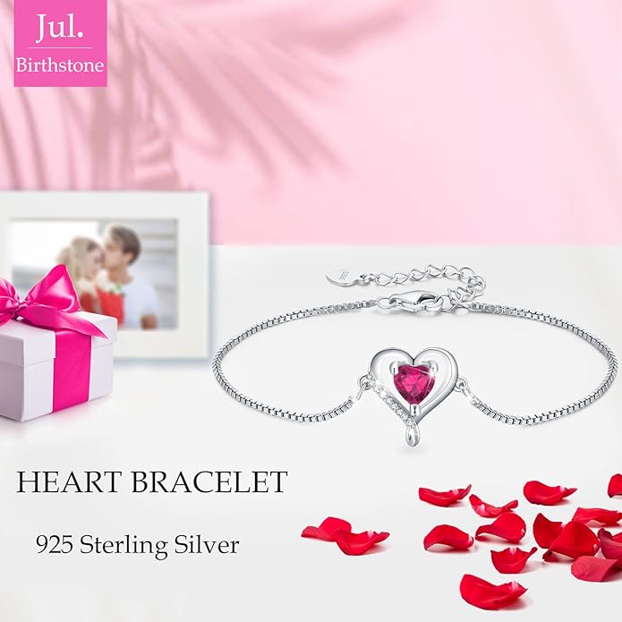 LAVUMO Love Heart Bracelets for Women 925 Silver Charm Birthstone Bracelet Adjustable Anniversary Birthday Jewelry Gifts for Women Girlfriend Wife Daughter Mom Her