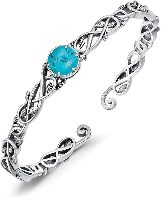 Natural Gemstone Vine Filigree Cuff Bracelet, 925 Sterling Silver Vintage Adjustable Bangle, Boho Floral Jewelry Gift for Women