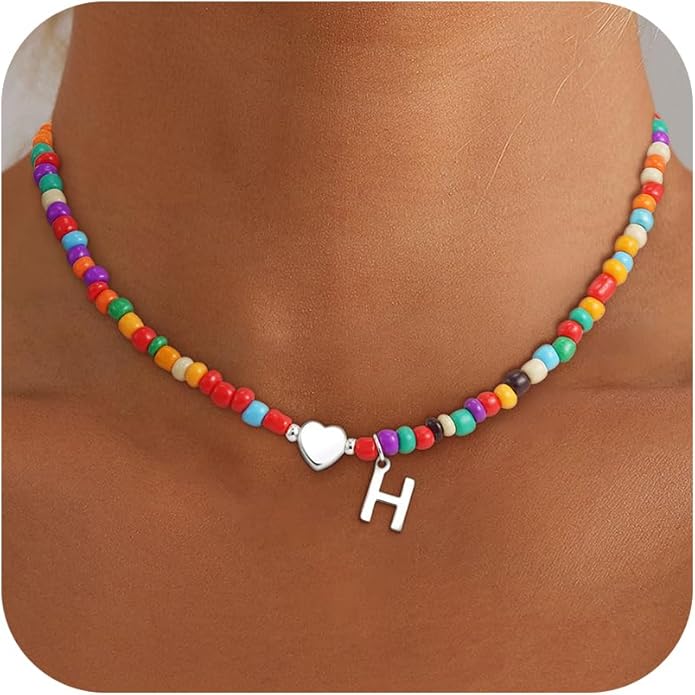 Colorful Initial Necklaces for Girls Women Kids - Teen Girls Gifts Trendy Stuff Beaded Initial Necklace Dainty Letter Choker Necklace for Girl Gifts Jewelry