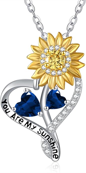 Zeuslia Double Birthstone Necklace Gifts for Wife - 925 Sterling Silver Sunflower/Rose/Crown Cross/Compass/Heart Pendant I Love You Necklace, Anniversary Birthday Gifts for Wife Girlfriend Mom Her