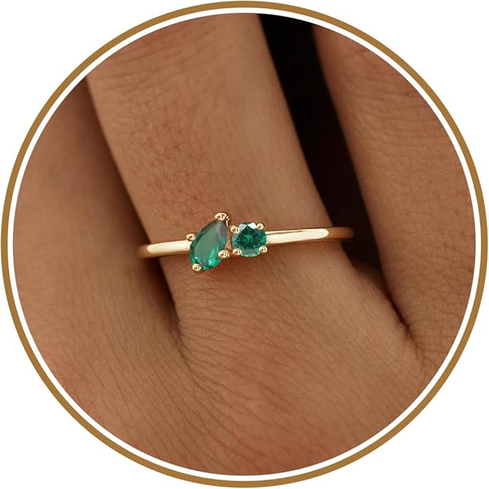 JSJOY Birthstone Rings for Women Dainty Emerald Blue Ring Birthday Gifts for Mom Her Gemstones CZ Ring for Teens Gold Rings That Don't Tarnish Adjustable Ring Jewelry Gifts