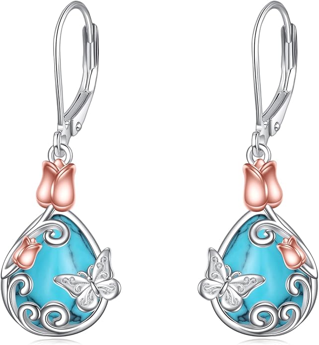 AOBOCO Butterfly/Dragonfly/Bee/Ladybug Leverback Earrings 925 Sterling Silver Rose Lotus Tulip Flower Filigree Dangle Earrings Teardrop Moonstone Larimar Turquoise Abalone Shell Jewelry Birthday Gifts for Women