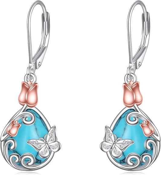 AOBOCO Butterfly/Dragonfly/Bee/Ladybug Leverback Earrings 925 Sterling Silver Rose Lotus Tulip Flower Filigree Dangle Earrings Teardrop Moonstone Larimar Turquoise Abalone Shell Jewelry Birthday Gifts for Women