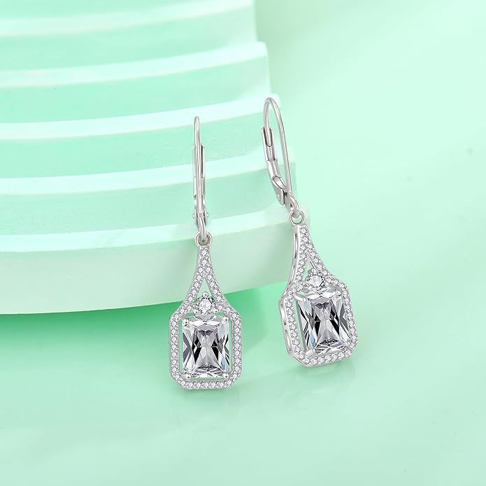 Emerald Cut Dangle Drop Earrings 925 Sterling Silver Halo Rectangular Leverback Earrings Birthstone Jewelry for Women