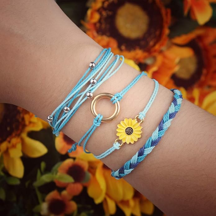 FANCY SHINY Sunflower String Bracelet Boho Braided Rope Wrap Bracelets Cute Summer Beach Surfer Jewelry for Women
