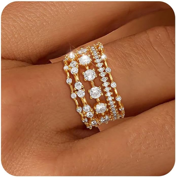 FUNEIA Stackable Silver Gold Rings for Women Non Tarnish 14K Gold Plated Thumb Cubic Zirconia Rings for Women Dainty Pinky Promise Wedding Ring Set Women's Engagement Eternity Band Rings Gold Jewelry