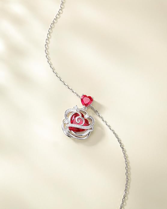 FANCIME Thornless Pulse Birthstone Necklace for Women Sterling Silver Rose Pendant Fine Jewelry Gemstone Birthday Valentines Day Gifts for Wife Her