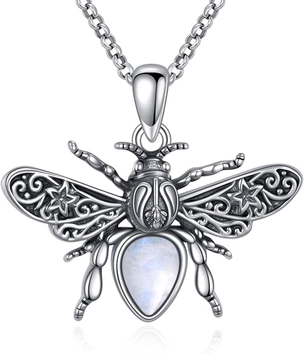 Bee Moonstone Necklace, 925 Sterling Silver Vintage Pendant with Natural Gemstone, Boho Hypoallergenic Jewelry Gift for Her
