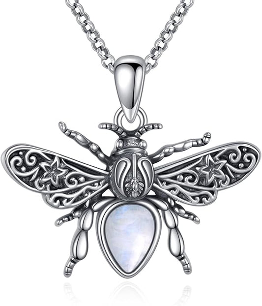 Bee Moonstone Necklace, 925 Sterling Silver Vintage Pendant with Natural Gemstone, Boho Hypoallergenic Jewelry Gift for Her