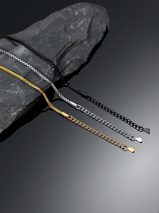 Bestyle 18K Gold Plated/Silver/Black Chain for Men, Hypoallergenic 2/4/6/8mm Stainless Steel Flat Link Chain Necklace for Men & Women Hip Hop Jewelry, 14-30"