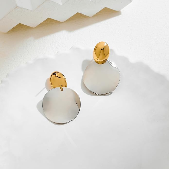 FAMARINE Big Disc Drop Earrings Gold Dangle Earrings Round Hammered Earrings Women