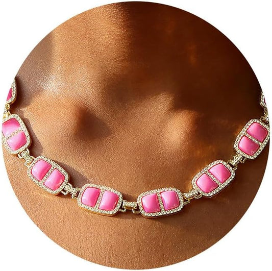 Chunky Necklace for Women 12 Colors Diamond Stone Gold Statement Necklace for Women Full Trendy Blue Birthstone Choker Necklace for Women Square Design Necklace Jewelry