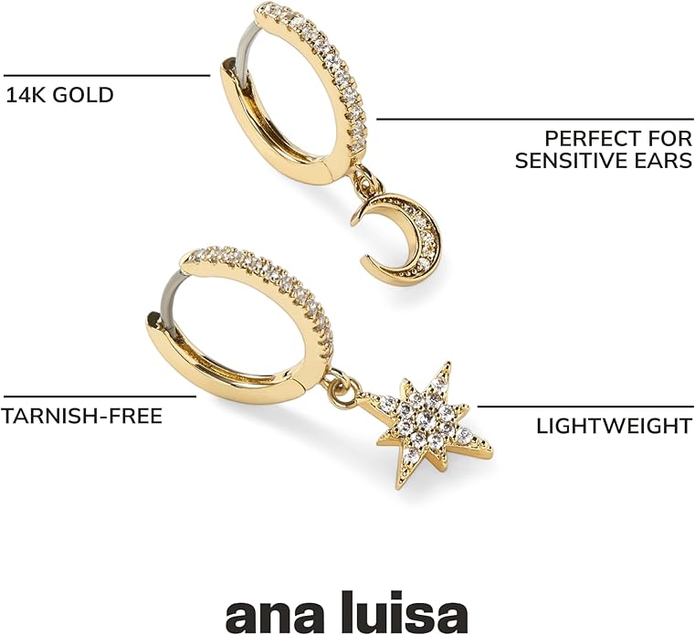 Ana Luisa Huggie Hoop Earrings - Solitaire Pendant Charm Earring - Dainty Hoop Pendant Earrings in 14K Gold Plated and Silver Rhodium Plated - Hypoallergenic, Water-Resistant, and Tarnish-Free