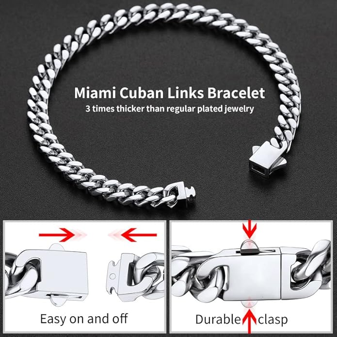 ChainsHouse Stainless Steel Cuban Link Bracelet for Men, 5mm/7mm/9mm/12mm Width, 7.5"/8.3"/9" Length, Black/18K Gold Plated Chain Wrist Bracelets for Men, with Gift Box