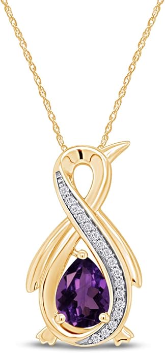 Infinity Penguin Pendant Necklace for Women, 14K Gold Over Sterling Silver with Pear & Round Cut Simulated Birthstone & White Diamond Accents, Dainty Animal Jewelry Gift with 18" Chain