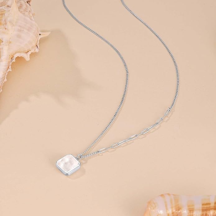 SUNFEEL Mother of Pearl Pendant Necklace 14K White/Yellow Gold Plated Sterling Silver Necklace for Women Dainty Jewelry Gifts for Mom Wife Girlfriend, Length 16+2 Inch
