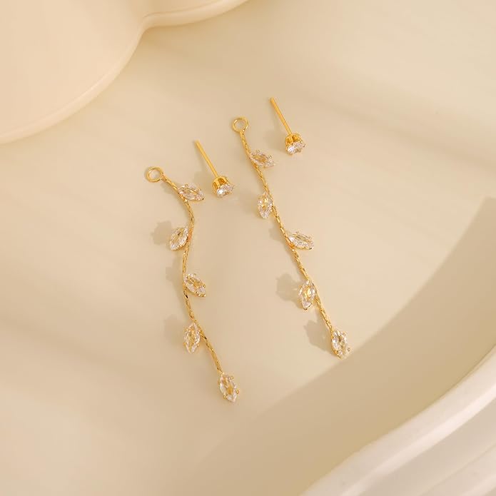 Gold Earrings for Women,Dainty 14k Gold Plated Pearl Drop Earring Dangle Pearl Dangling Earrings for Women Trendy Small Cute Wedding CZ Earring Long Chain Threader Prom Jewelry Gifts
