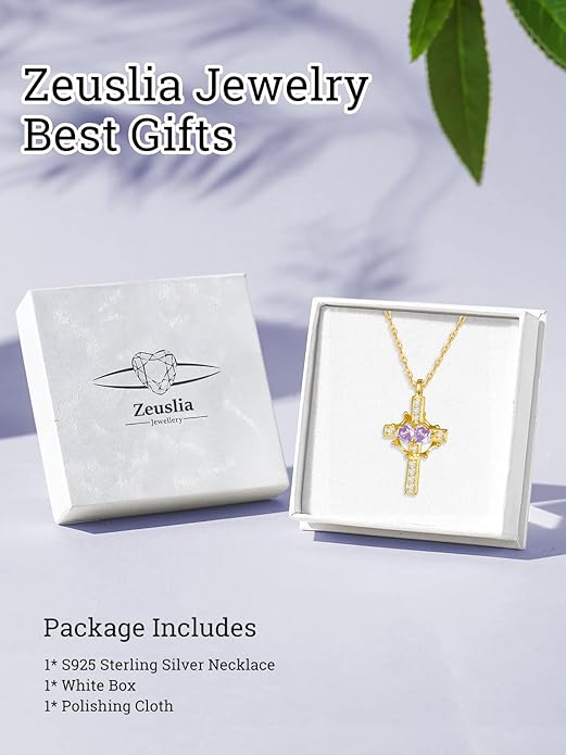 Zeuslia Double Birthstone Necklace Gifts for Wife - 925 Sterling Silver Sunflower/Rose/Crown Cross/Compass/Heart Pendant I Love You Necklace, Anniversary Birthday Gifts for Wife Girlfriend Mom Her