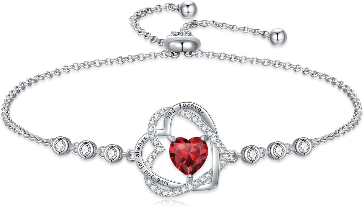 TOUPOP Heart Birthstone Bracelet 925 Sterling Silver Double Heart Bracelet Love You for Always and Forever Jewelry Anniversary Birthday Christmas Gifts for Women Wife Her
