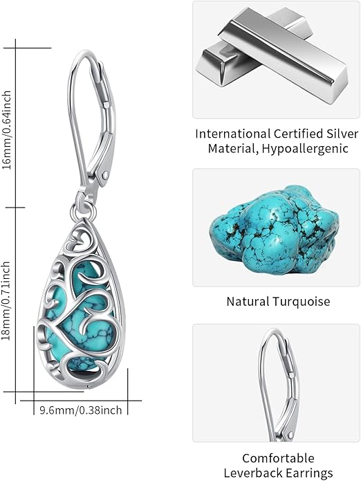 BDL Genuine Turquoise Jewelry for Women, Sterling Silver Earrings and Necklaces for Women, Leverback Dangle Drop Earrings Jewelry…