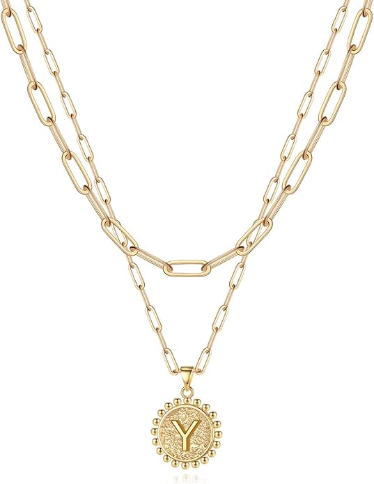 Yoosteel Gold Initial Necklaces for Women, 14K Gold Plated Dainty Layering Paperclip Link Chain Necklace Coin Initial Layered Necklaces for Women Personalized Birthday Gifts
