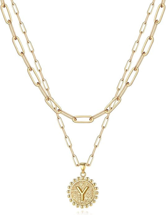 Yoosteel Gold Initial Necklaces for Women, 14K Gold Plated Dainty Layering Paperclip Link Chain Necklace Coin Initial Layered Necklaces for Women Personalized Birthday Gifts