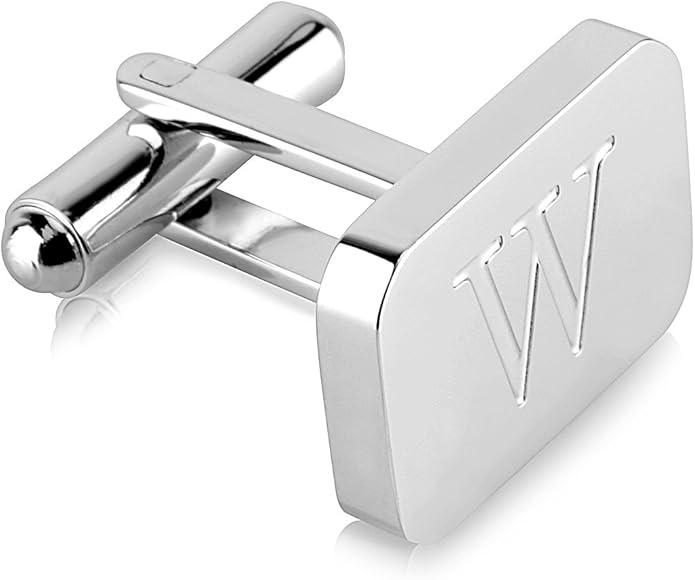 18K White-Gold Plated Initial Engraved Stainless Steel Men’s Cufflinks With Gift Box -Personalized Alphabet Letter’s A-Z By Lux & Pair