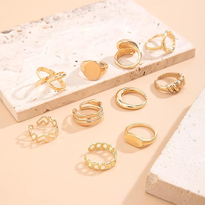 FUTIMELY 14K Gold Stackable Knuckle Rings Set for Women Teen Girls,Aesthetic Silver 10Pcs Trendy Dainty Open Midi Rings Set,Midi Finger Rings Pack Jewelry Gifts