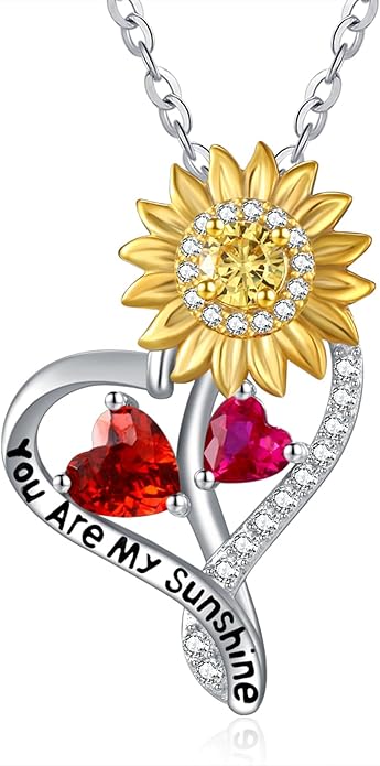 Zeuslia Double Birthstone Necklace Gifts for Wife - 925 Sterling Silver Sunflower/Rose/Crown Cross/Compass/Heart Pendant I Love You Necklace, Anniversary Birthday Gifts for Wife Girlfriend Mom Her