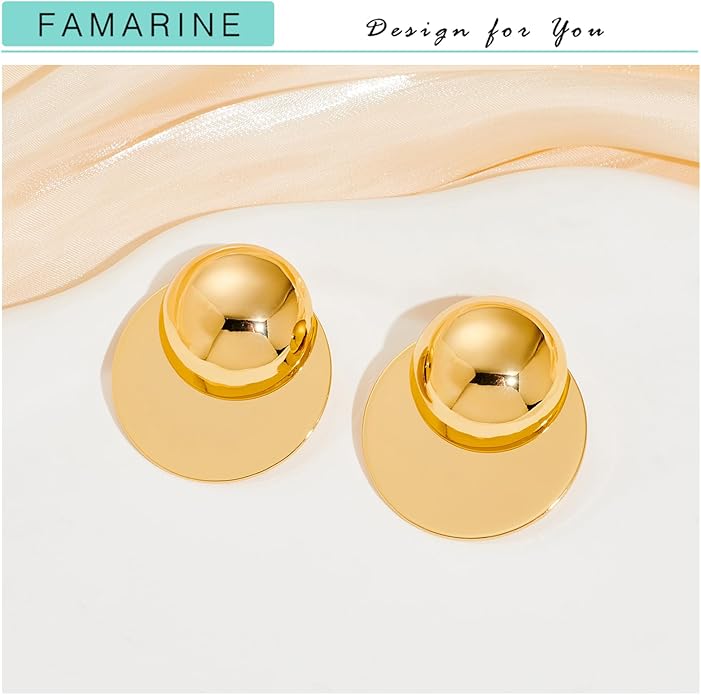 FAMARINE Big Disc Drop Earrings Gold Dangle Earrings Round Hammered Earrings Women